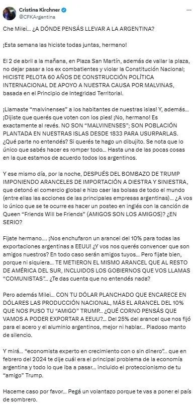 Cristina Kirchner críticas a Milei